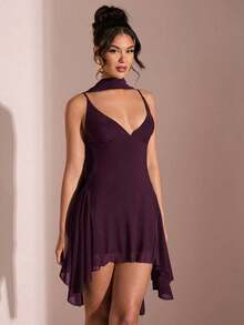 Vestido corto de gasa con escote en V profundo y cinta de color negro sólido, adecuado para citas diarias, salidas nocturnas, discotecas, fiestas, reuniones, fiestas de cóctel, monos de vacaciones, fiestas en la piscina, ropa de oficina, vestidos para ir y venir - Granada - Ver 3