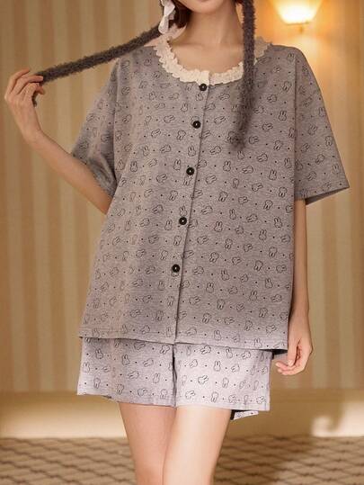 Gongdie Conjunto de 2 piezas de pijama de Miffy para mujer, pijama corto de verano de algodón, cuello redondo con encaje y abotonado, estampado de lunares y dibujos animados para ropa de descanso