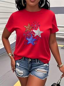 Camiseta de edición limitada para mujer con estampado de fuegos artificiales patrióticos - Manga corta casual, cuello redondo, gris claro con diseño de estrellas rojas, blancas y azules, perfecta para el verano, vacaciones y fiestas, diseño patriótico casual con un ajuste cómodo, algodón ligero. - Blanco - Ver 9