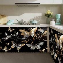 1pc Black & Gold Butterfly Print Polyester Short Plush Tablecloth, Ideal Home Decor For Kitchen Cabinet, Laundry Cabinet, Storage Cabinet, Can Also Be Used As Short Curtain For Windows - Multicolor - View 6