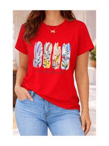 Soft 100% Cotton Short-Sleeved T-Shirt For Women With Watercolor Floral Print And English Phrase, Casual Spiritual Botanical Artistic Design, Breathable Cotton T-Shirt, Goes With Everything, Great. - 紅色 - 查看 6