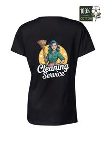 VivaGlam-Woman Broom Cleaning Service Women'S Casual Short Sleeve T-Shirt, Pure, Round Neck, Graphic Print Tees, Daily Wear, The Best Gift, Fashionable For Summer Beach, Vacation - 黑色 - 查看 2