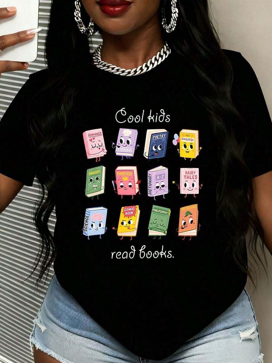 Women's Short-Sleeved Graphic T-Shirt Featuring A Design Of Children Reading Books, Ideal For Book Lovers, With Animated Books And Fun Quotes. Perfect For Reading Enthusiasts, Students, And Literature Fans. Casual Wear For Everyday Wear, School, Or Trips To The Library. - 黑色 - 查看 1