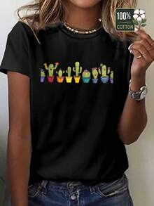 Women's Cactus Design T-Shirt - 100% Cotton Crew Neck Casual T-Shirt With A Fun Cactus Print Design, Comfortable And Casual For All Seasons, Cute Cactus Design Suitable For Casual Outfits All Year Round. - 白色 - 查看 8