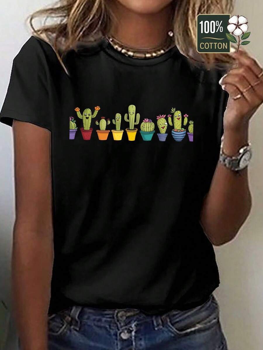 Women's Cactus Design T-Shirt - 100% Cotton Crew Neck Casual T-Shirt With A Fun Cactus Print Design, Comfortable And Casual For All Seasons, Cute Cactus Design Suitable For Casual Outfits All Year Round. - 黑色 - 查看 1