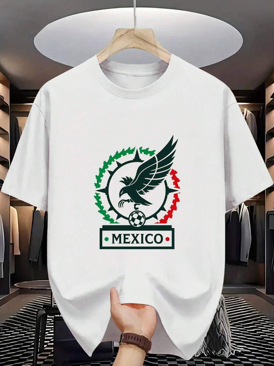 Camiseta de Algodón 100% para Hombre - Manga Corta, Cuello Redondo, Estampado Digital, Cómoda para Todas las Estaciones, Lavable a Máquina, Ideal para Salidas Diarias, Cuello Redondo, Diseño Circular, Camiseta Casual de Verano Tshirt Muscle Freaks Aguila Mexicana estilo Soccer Fan Mexico - Negro - Ver 1
