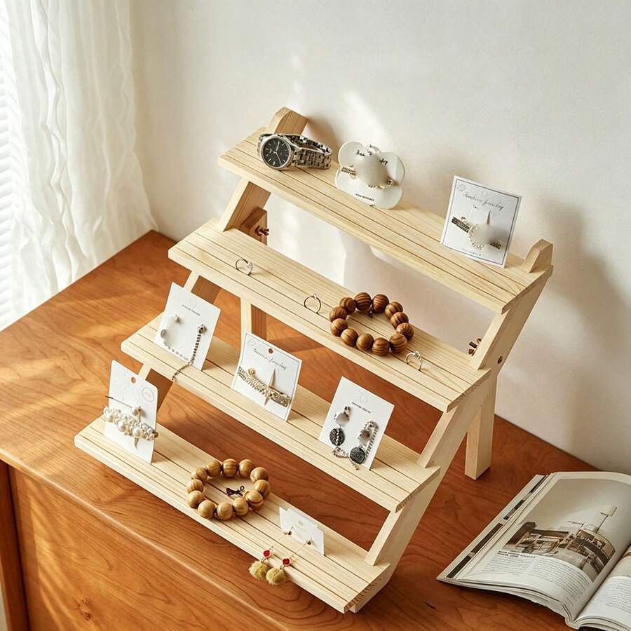 1 pieza Soporte de escritorio de madera para pulseras y aretes, soporte de exhibición de muñecas, organizador de joyas de gran capacidad - Beis - Ver 1
