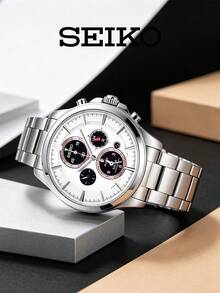 Seiko SSC033J1 男士太阳能石英表，计时功能，不锈钢表带，经典商务休闲腕表，男士礼品 - 銀色 - 查看 4