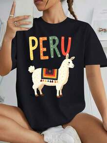Moda Moda de  Perú a la Moda y Novedoso Llama Colorido Manta 100% Algodón Mujeres Moda Redondo Cuello Camiseta Diario Desgaste Mujeres Gráfico Camisas, Informal Versátil Tops, Calle Desgaste, Atrás A Escuela Conjuntos de ropa , Escuela Camisas-Vintage Calle Estilo Unisexo Suelto Algodón Corto Manga Tripulación Cuello Jugadores de camisetas de mujer - Negro - Ver 1
