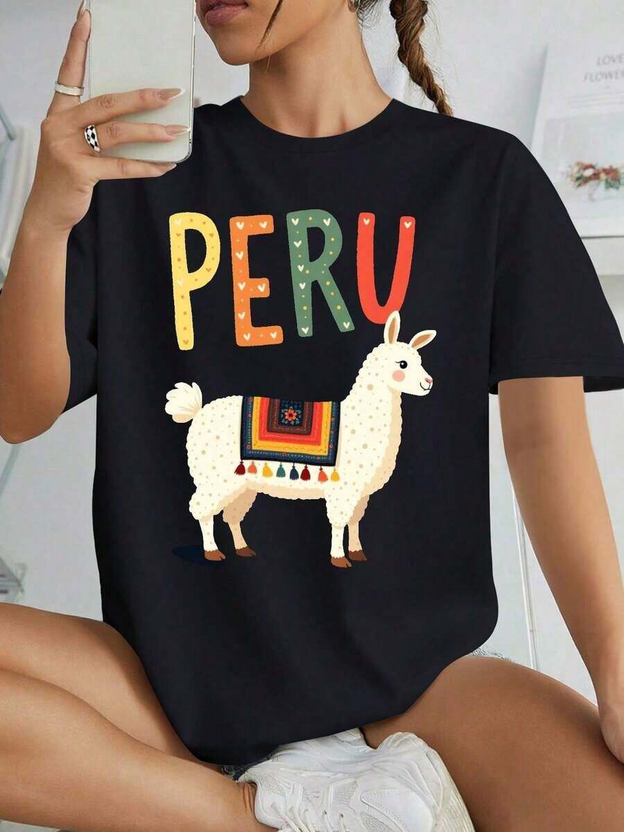 Moda Moda de  Perú a la Moda y Novedoso Llama Colorido Manta 100% Algodón Mujeres Moda Redondo Cuello Camiseta Diario Desgaste Mujeres Gráfico Camisas, Informal Versátil Tops, Calle Desgaste, Atrás A Escuela Conjuntos de ropa , Escuela Camisas-Vintage Calle Estilo Unisexo Suelto Algodón Corto Manga Tripulación Cuello Jugadores de camisetas de mujer - Negro - Ver 1