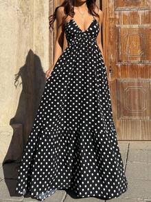 Vestido maxi con escote en V profundo, cuello halter, espalda descubierta y cintura con lazo, con lunares negros, estilo sexy y elegante europeo y americano, adecuado para primavera/verano y vacaciones en la playa - Negro - Ver 5