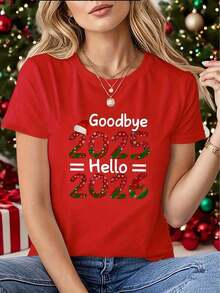 Camiseta de manga corta para mujer con elementos navideños y estampado "Farewell Welcome 2026", cuello redondo, lavable a máquina, cómoda, suave, transpirable, holgada, estilo casual, adecuada para primavera, verano y otoño, camiseta de mujer, ropa casual. - Rojo - Ver 12
