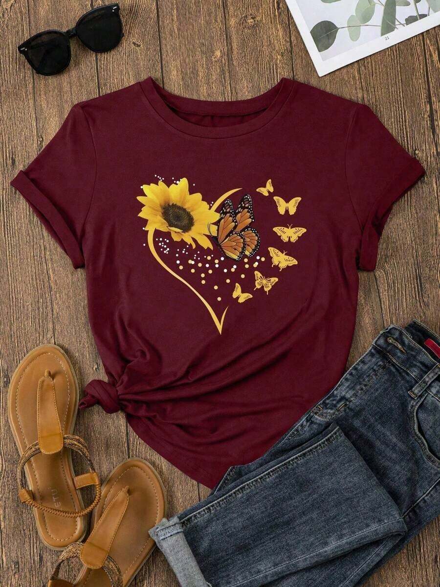 LUNE Blusa estampada con girasol y mariposa para mujer - Burdeos - Ver 1
