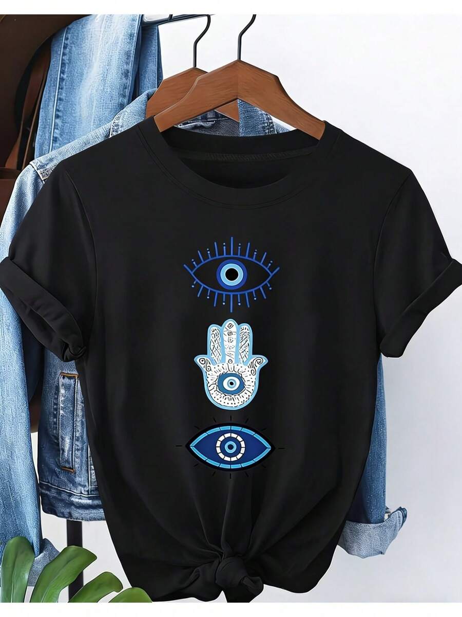 Camiseta extragrande de talla grande para mujer - Estampado gráfico de ojo azul, cuello redondo minimalista, manga corta, camiseta cómoda, chic y favorecedora para curvas para toda temporada, atuendos casuales y diarios (compatible con tallas grandes, ajuste extragrande elegante) - Negro - Ver 1