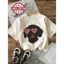 Women's Casual T-Shirt With Dachshund Print And Heart Glasses - Short Sleeve, Crew Neck, Relaxed Fit, Soft And Stretchy Fabric, Machine Washable, Comfortable For All Seasons, Ideal For Casual Outfits - [白色的] - 查看 1