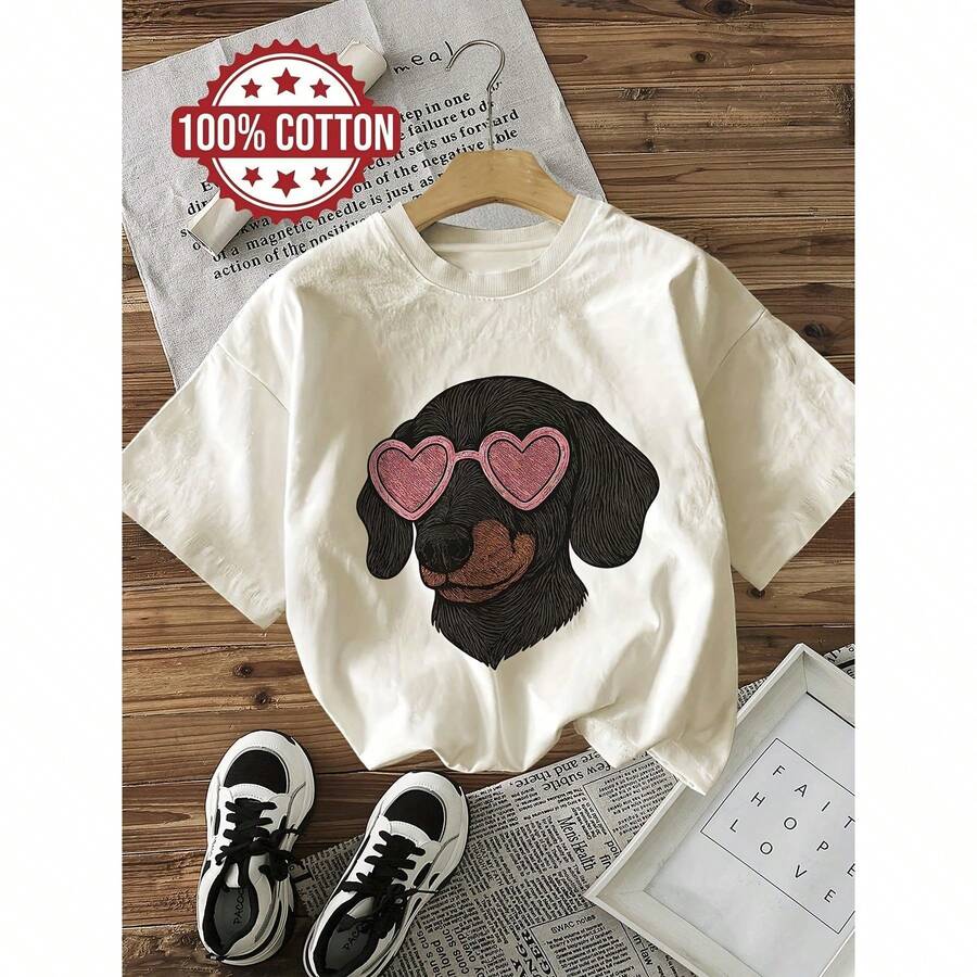 Women's Casual T-Shirt With Dachshund Print And Heart Glasses - Short Sleeve, Crew Neck, Relaxed Fit, Soft And Stretchy Fabric, Machine Washable, Comfortable For All Seasons, Ideal For Casual Outfits - [白色的] - 查看 1