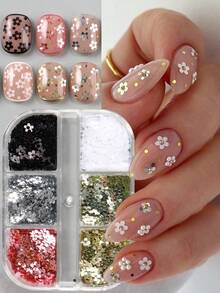 Bộ 2 hộp mini sequin trang trí nail chấm bi đen trắng & hoa nhỏ, kim tuyến nail chấm bi dễ thương phong cách Nhật, cánh hoa siêu mỏng Y2K, charm nail vàng bạc - Nhiều màu - Xem 4