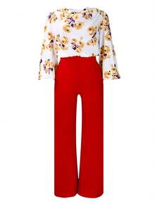 Conjunto profesional OL de dos piezas para mujer talla grande: top con estampado floral y nudo frontal, junto con pantalones de pierna ancha - naranja - Ver 3