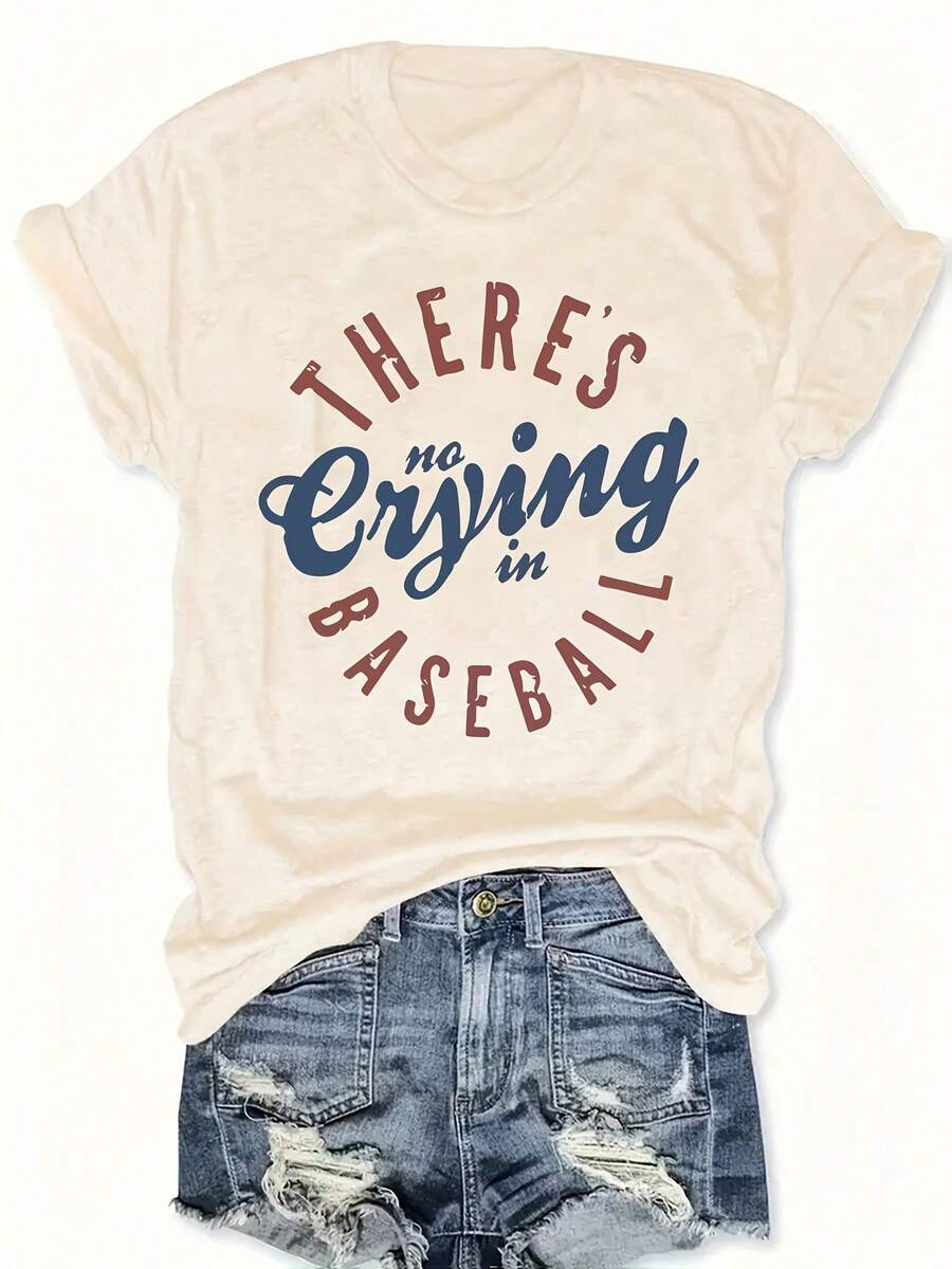 Women's Plus Size Graphic T-Shirt With The Phrase "No Regrets In Baseball" - Casual Crew Neck, Short Sleeve, Soft Fabric, Perfect For Autumn And Winter, Baseball Fan Clothing | Funny Letter T-Shirt | Soft Fabric T-Shirt - 杏色 - 查看 1