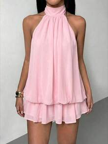 Vestido mini elegante de mujer con escote halter y lazo en color beige - Rosa Pálido - Ver 3