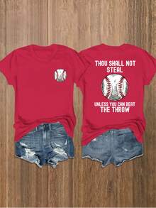 1 pieza de camiseta casual de talla grande para mujer con estampado de letras, manga corta, cuello redondo, tela elástica de poliéster, top para todas las estaciones. - Rojo - Ver 1