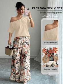 2 piezas Conjunto de top asimétrico de cuello sólido y pantalones con estampado tropical, estilo casual de vacaciones - Albaricoque - Ver 1