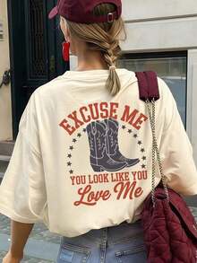 Nueva camiseta estampada de moda para mujer 2026, top holgado de estilo urbano, cómoda, elegante y versátil para el verano.Camiseta de manga corta y cuello redondo, estampada con un diseño de botas rojas de verano, adecuada para mujeres, estilo occidental. Camiseta Casual para Mujer con Estampado Rosa - Albaricoque - Ver 6