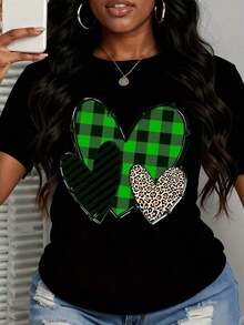 1 Piece Of Women's Casual T-Shirt, Leopard Heart Print, Black Stripes And Green Checks, Summer Top For Daily Wear, 180g, 100% Cotton. - 黑色 - 查看 3