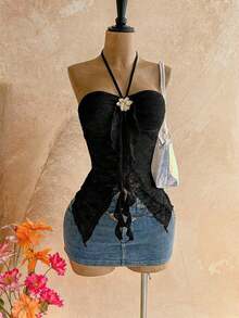 Camiseta asimétrica con decoración de conchas marinas, adecuada para vacaciones en la playa, verano - Negro - Ver 3