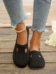 Women's All-Season Knitted Mary Jane Flat Shoes, Solid Color Slip-On Round Toe Shoes, Fabric Upper And Lining, Rubber Sole Supports Hand Wash - Black - View 3