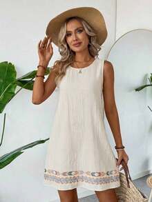 Vestido casual de verano para vacaciones en la playa, de algodón y lino con textura, color albaricoque, sin mangas y corte recto para mujeres - Beis - Ver 6