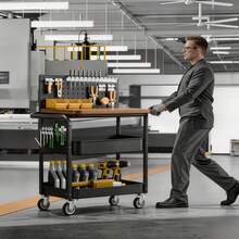 Heavy-Duty Mobile Tool Cart, Three-Tier Multi-Functional Tool Storage Cart, Equipped With Pegboard Storage Rack, Solid Wood Workbench, And Lockable Caster Wheels. Suitable For Garages, Workshops, Auto Repair Shops, And Warehouses. Industrial-Grade Storage Rack. - White - View 8