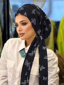 Khăn trùm đầu kiểu turban in hình bướm, màu be, chất liệu vải nhăn, nhẹ, kín đáo dành cho phụ nữ Hồi giáo. - màu sắc - Xem 17
