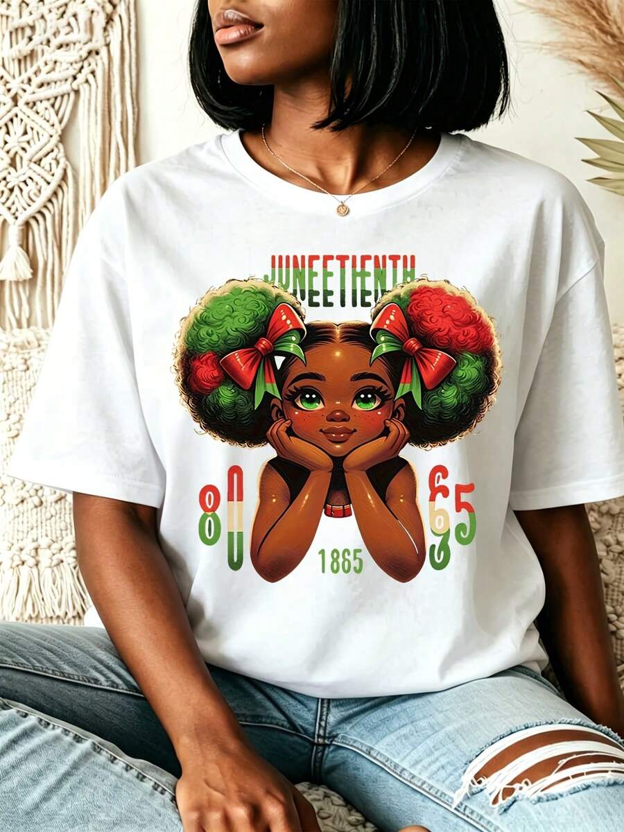 Juneteenth Celebration Outfits 2026 Women's Juneteenth Celebration 1865 Comfortable Crew Neck Short Sleeve Casual T-Shirt, Machine Washable,Afro Art Painted Flag Since 1865 Freedom Day Casual Summer Top,,Black History Month Gifts,Suitable For Juneteenth Parades,Cultural Events,And Everyday Wear - trắng - Xem 1