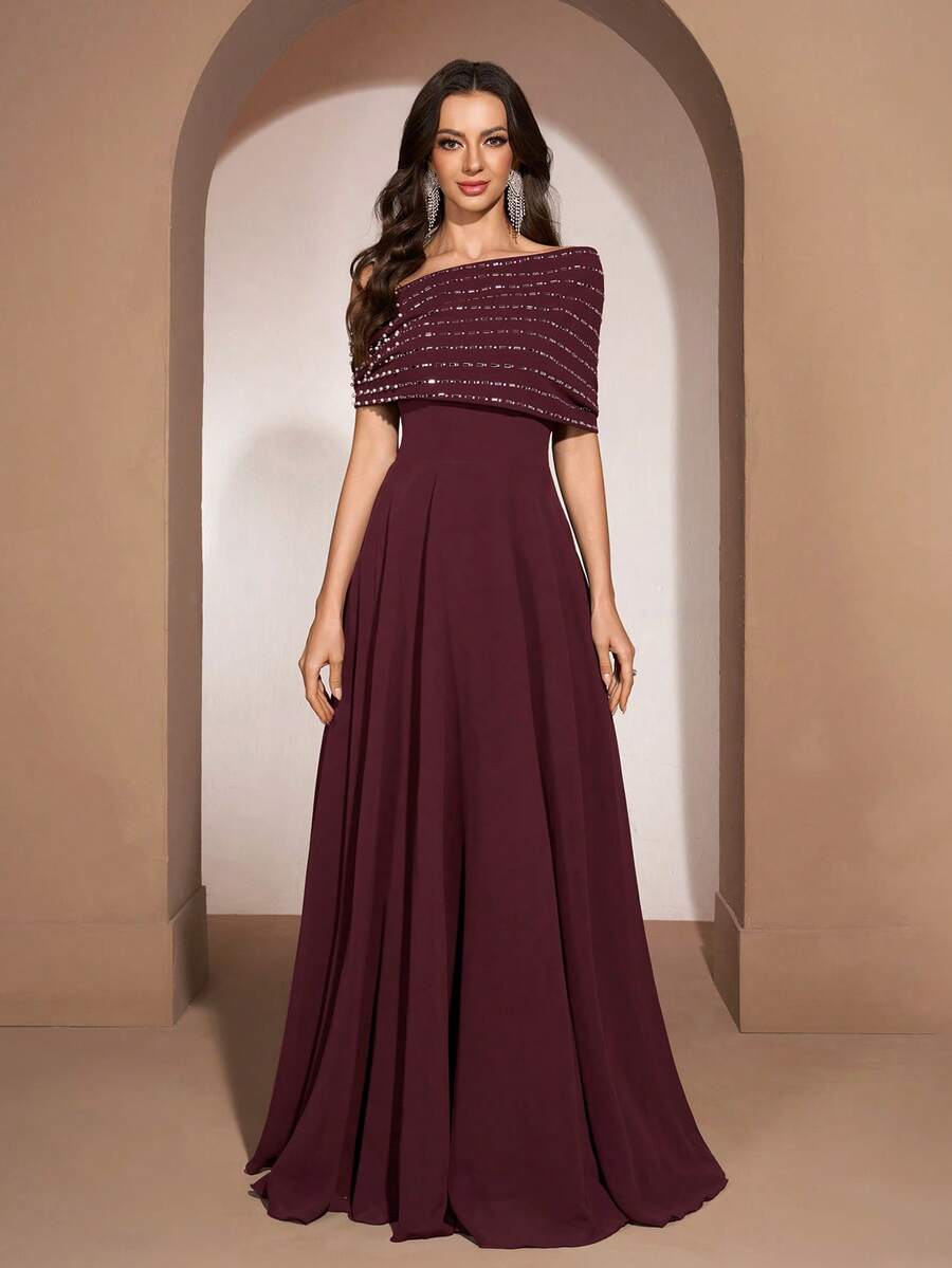 YISIKADO Women's Elegant Crystal Embellished Sleeveless Evening Dress, Graceful For Wedding Guest, Party, Formal Occasion