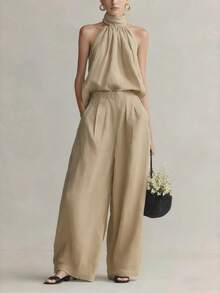 Conjunto de 2 piezas nuevo de primavera-verano para mujer, elegante, blusa sin mangas de cuello redondo, pantalón de vestir, diseño favorecedor, perfecto para oficina y looks sofisticados - Caqui - Ver 2