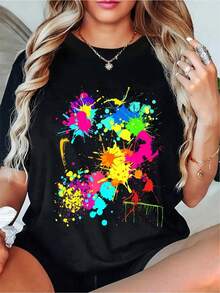 Camiseta Negra con Estampado de Grafiti Colorido - Estilo Casual Simple - 100% Algodón Puro - Suave y Cómoda, Cuello Redondo, Manga Corta, Top de Moda Urbana para Todas las Temporadas, Ropa Casual de Calle| Camiseta de Cuello Redondo Y2k - Negro - Ver 9