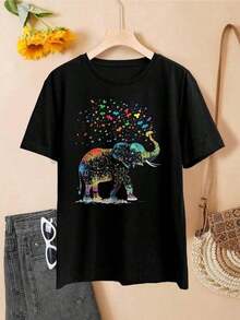 Women's Black Elephant T-Shirt With Rainbow Butterfly Print - Shop Now! Adorable Graphic Tee, Gift For Animal Lovers, Stylish And Comfortable Cotton Top, Short Sleeve, Casual T-Shirt For Women Y2k T-Shirt Shirt - 黑色 - 查看 2