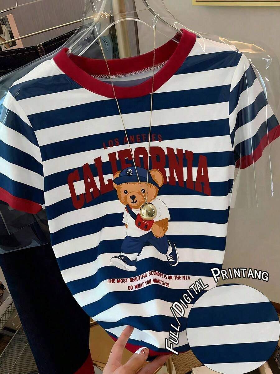 Camiseta casual de mujer de manga corta con cuello redondo, estampado de oso de dibujos animados y rayas - Multicolor 9 - Ver 1