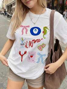 Women's Summer T-Shirt "Amalfi Mediterranean Style," Regular Fit T-Shirt With Hand-Painted Artistic Pattern, Comfortable Italian Summer Short Sleeve Blouse, Unique Round Neck, Retro Leisure And Gastronomy Style, Casual Fashion, Plus Size White Clothing For Outdoor Outings, Unisex For Men And Women. - 白色 - 查看 7