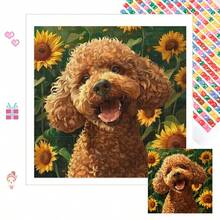 1幅全新5D圆形亚克力钻石画，图案为可爱的贵宾犬和向日葵，手工马赛克艺术品，适合家居墙面装饰，增添艺术氛围，也是送给女友、父母、朋友表达温暖的贴心礼物，不含画框 - 圓鑽 - 查看 4