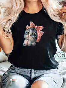 Women's Short-Sleeved Cotton T-Shirt With Cat Print, Loose-Fitting, Comfortable Round-Neck Sports T-Shirt For Running And Exercising, Women's Graphic Print Activewear. - 黑色 - 查看 6