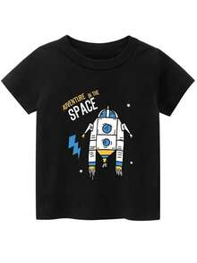 Camiseta con estampado de cohetes para niños camiseta de manga corta informal holgada para niños(4-7) - Negro - Ver 1
