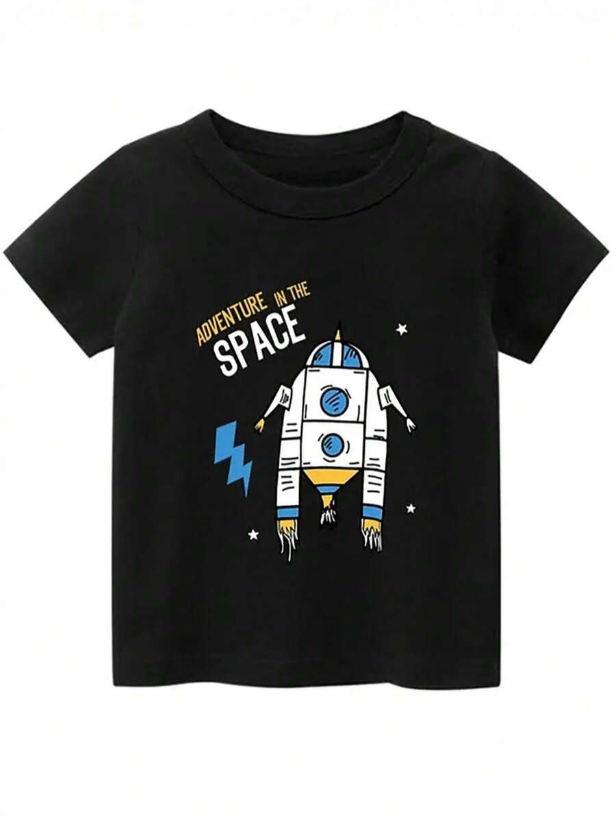 Camiseta con estampado de cohetes para niños camiseta de manga corta informal holgada para niños(4-7) - Negro - Ver 1