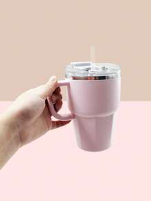 1pc, 20oz Stainless Steel Travel Cup With Handle And Straw, Double Drinking Cap, Leak-Proof And Sealable, Inner Liner Made Of 304 Stainless Steel, Outer Shell Made Of PP, Office, Vehicle Or Outdoor Coffee Cup - Multicolor - View 6