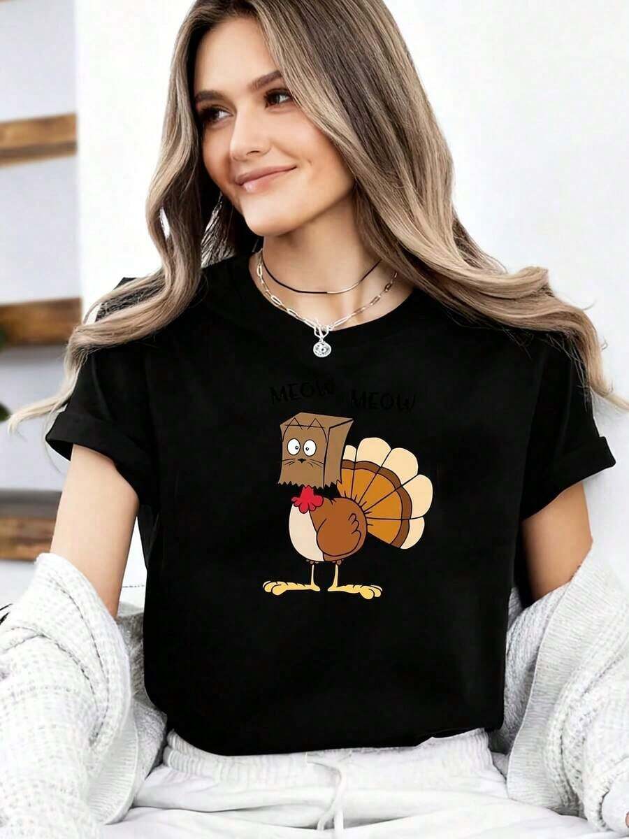 Estampado Gráfico Camiseta Mujer Algodón Ligera VeranoThanksgiving Turkey Print Oversized T-Shirt, Perfect For Outdoor Activities And Casual Wear.220gOversize Camiseta Mujer Estampado 100% Algodón Puro - Negro - Ver 1
