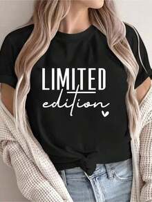 Women's Modern, Casual T-Shirt, Perfect For Parties And Lounging At Home. 100% Cotton, Loose Fit. Loose Fit. Women's Casual T-Shirt With Letter Print, Short Sleeves, Round Neck, For Summer And Spring, Regular Length, Urban Vintage Style, Unisex, Loose Fit, Cotton, Short Sleeves, Round Neck, Casual Blouses For Women - 黑色 - 查看 1