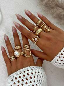 Set de 11 piezas de anillos apilables de diseño creativo y personalizado, anillos de uso diario, anillos elegantes, anillos apilables únicos, adecuados como regalo festivo para adolescentes - Dorado - Ver 2