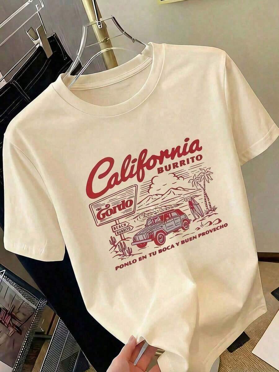 Women's Y2K Style Summer Top, Cute And Fun. Celebrating Retro California Surf Style, Mexican Taco Cuisine, And Retro American Road Trips. Women's T-Shirt With Cartoon Letter Print, Suitable For Various Occasions, Such As A Gift For Festivals, Birthdays, Music Festivals, Mother's Day, Easter, Graduation Season. Casual And Versatile, Comfortable, Perfect For Beach Vacations, Simple And Fashionable, Suitable For Everyday Wear For Women And Girls. Women's Summer Outfits - 杏色 - 查看 1
