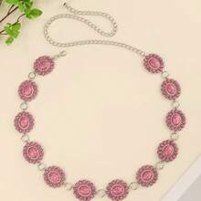 1pc Plus Size Western Belt Vintage Women's Carved Buckle Blackened Texture Metal Waist Chain For Western Style Jeans - Pink Turquoise - View 4
